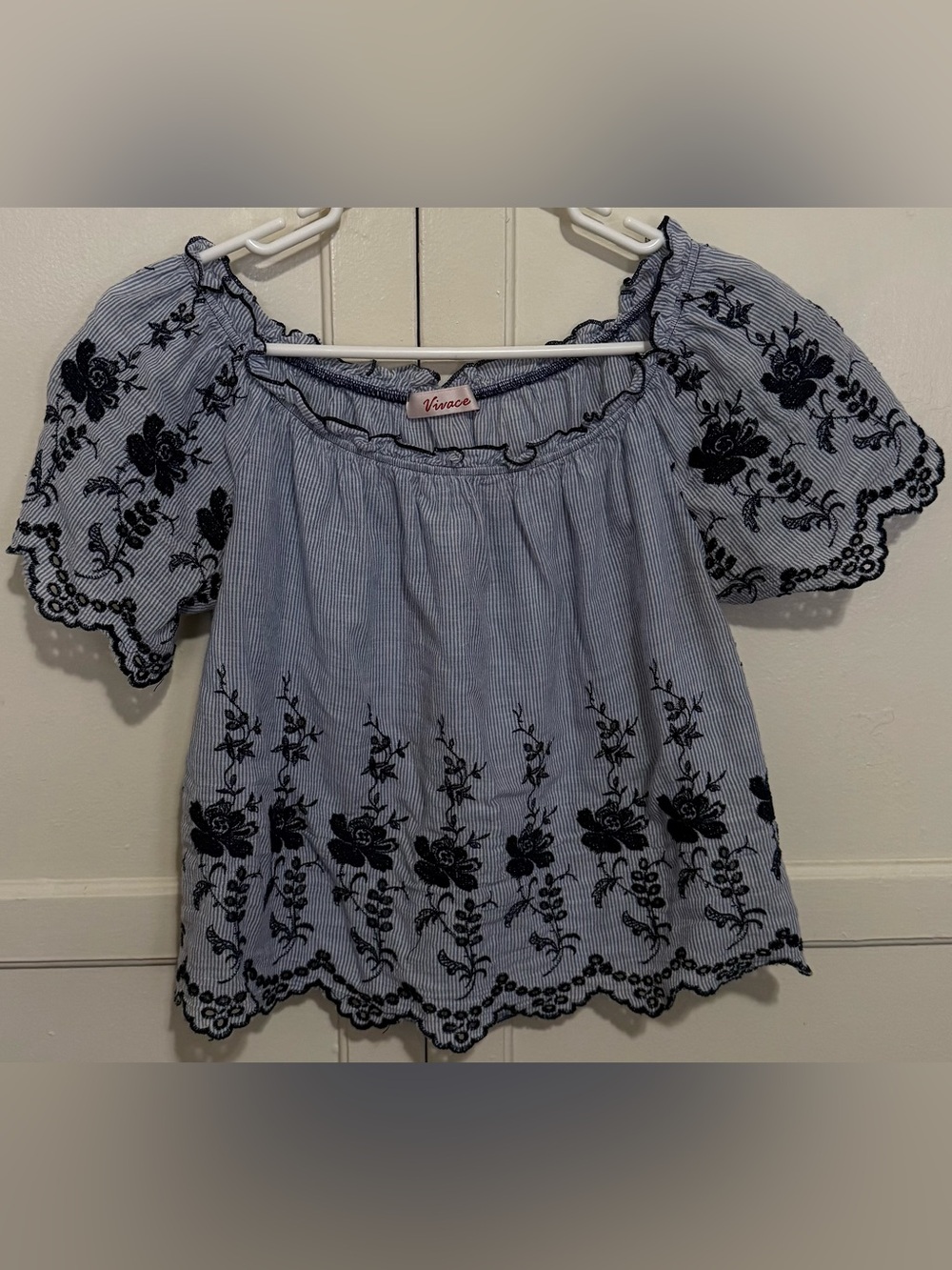 Blue Striped Embroidered Peasant Crop Top